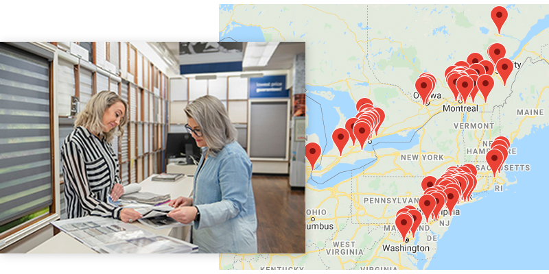 A design consultant shows a customer fabric swatches while a map with a pins graphic is placed in the background.