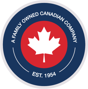 A maple leave logo toped with the logo 'A Family Owned Canadian Company'