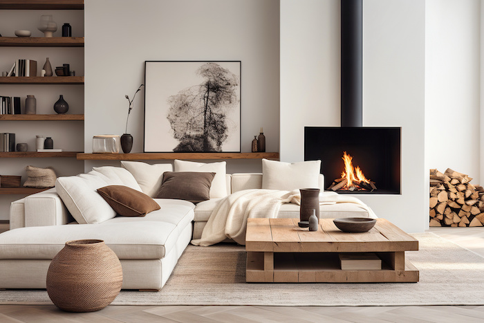 A cozy living room decorated in off white and tans features a cozy fireplace and warm wood-tone bookshelves