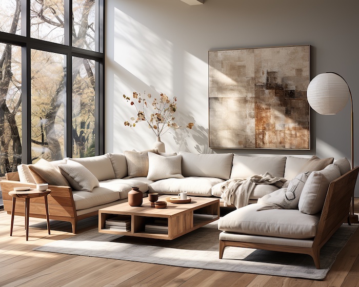 A modern living room features an off-white mid-centry couch surrounded with neutral and wood tone furniture and art.
