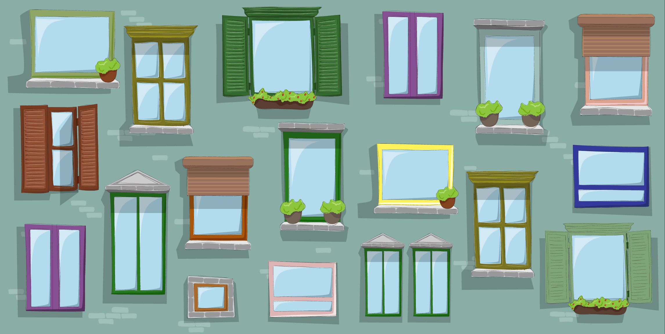 Une illustration de dessin animé de nombreux types de fenêtres différentes.