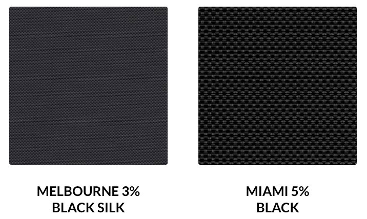 Swatches of Miami and Melbourne solar shades in blacks