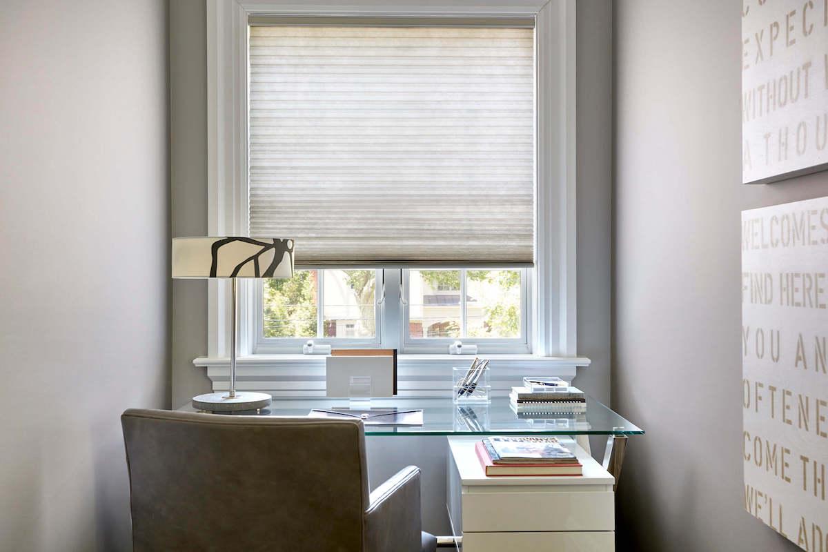 Smartcell sheer shade, color antique pewter, in a small home office