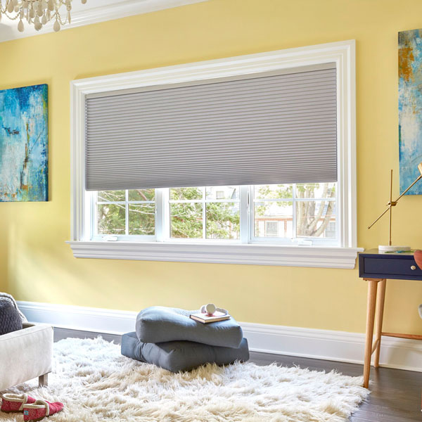 Elegant cellular shades offer privacy in a modern bedroom.