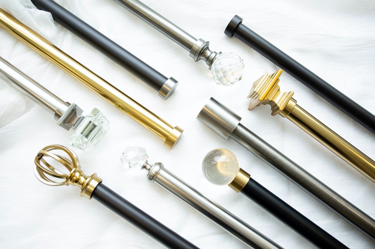 Drapery hardware showcasing different rod finishes.