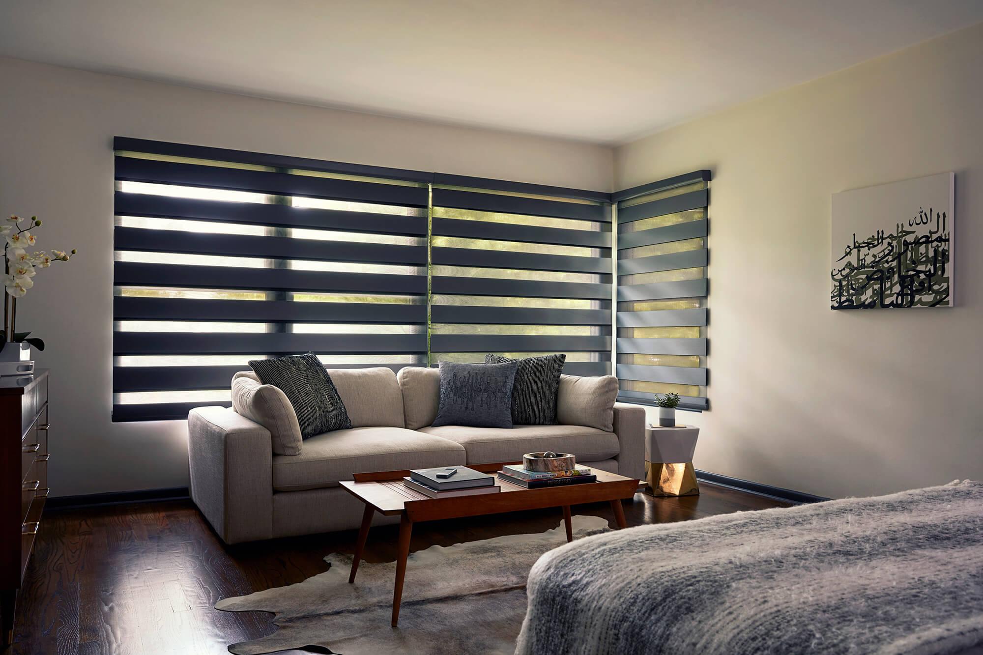 A spacious bedroom features a large window covered with black cascade sheer shades.