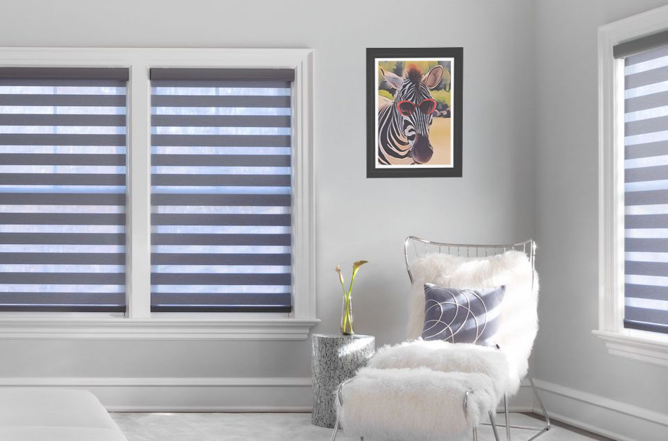 A painting of a zebra with sunglasses hangs next to a window with Cascade sheer shades