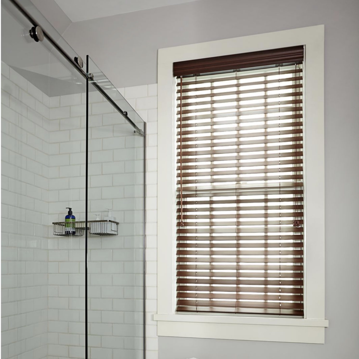 Cordless faux wood blinds in a dark brown wood tone