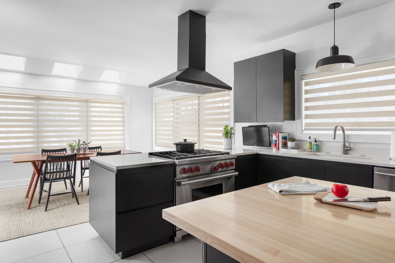Tan Cascade sheer shades cover 7 large windows in a modern kitchen Tan Cascade sheer shades cover 7 large windows in a modern kitchen