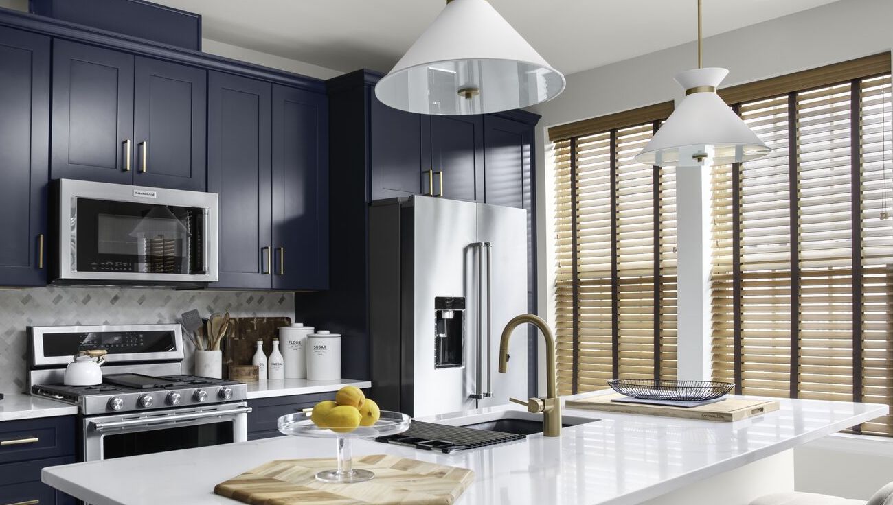 Natural wood blinds in a modern kitchen Natural wood blinds in a modern kitchen