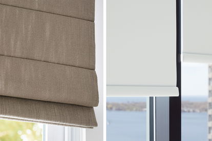 Side-by-side images of a roman shade next to a roller shade illustrate the structural and design differences. Side-by-side images of a roman shade next to a roller shade illustrate the structural and design differences.