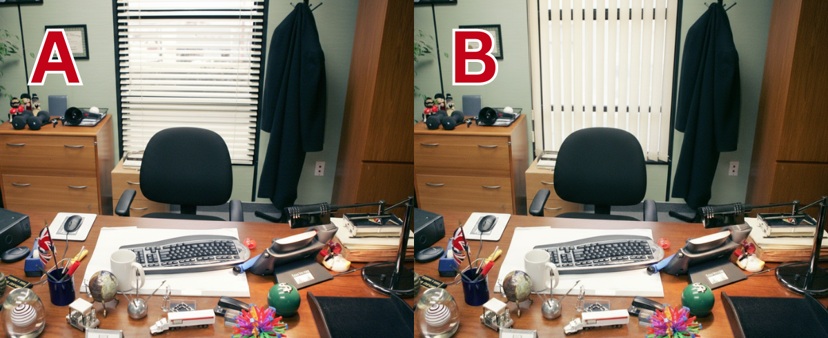Two images of michael scott's desk and the window behind it. The image on the left has horizontal aluminum blinds on the window and the letter A written in red on the top left corner. The image on the right has vertical blinds and the letter B written in the top left corner.