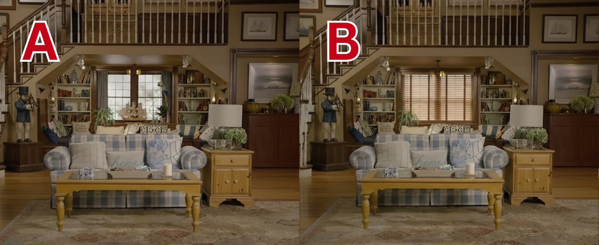 Two images of the living room from full house side by side, the only difference in the images is the window treatment. The image on the left has drapery on the window and the letter A written in red in the top left corner. The image on the right has faux wood blinds on the window and the letter B written in red in the top left corner.