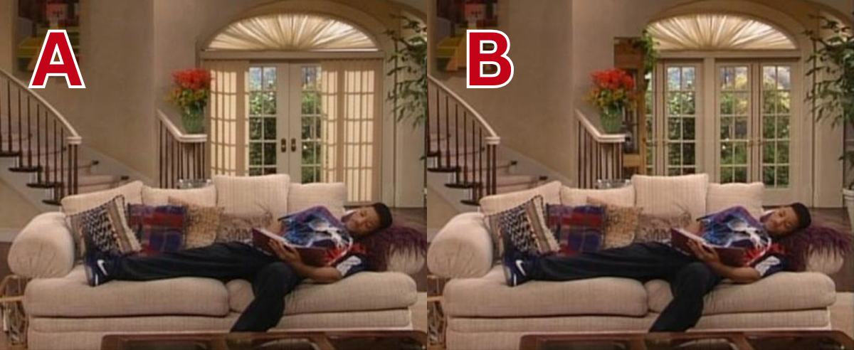 Two images of the Banks family's living room, facing the patio french doors. The only difference in the images is the window treatments. The image on the left has vertical blinds over the french doors and a red letter A in the top left corner. The image on the right has nothing over the french doors and a red letter B written in the top left corner.