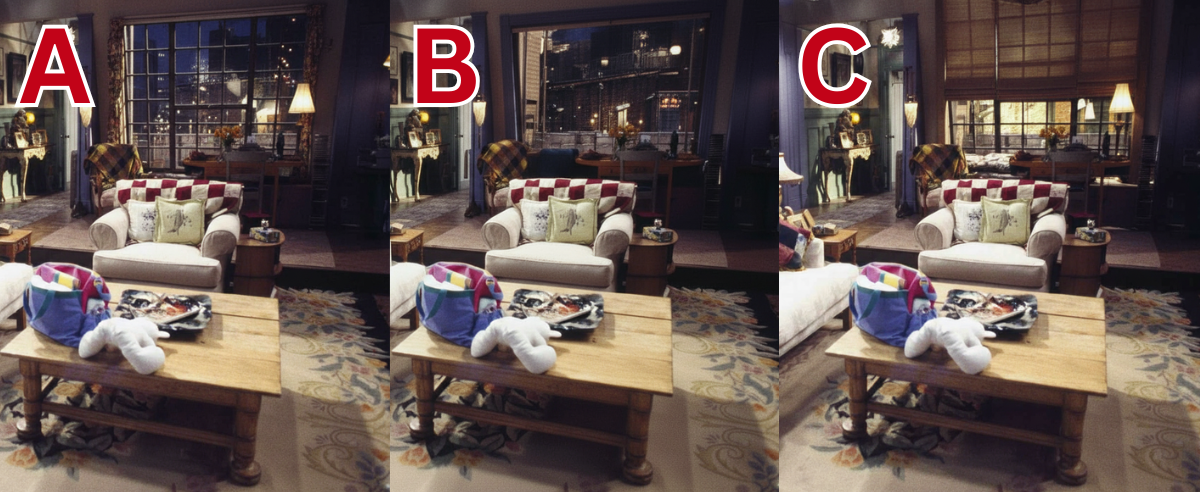 Three images side by side of Rachel and Monica's living room in Friends, facing the windows. The only difference between the three images is the window treatment. The image on the left has drapery and the letter A typed in red in the top left corner. The center image has nothing, and the letter B written in red in the top left corner. The image on the right has woven wood shades and the letter C typed in the top left corner.