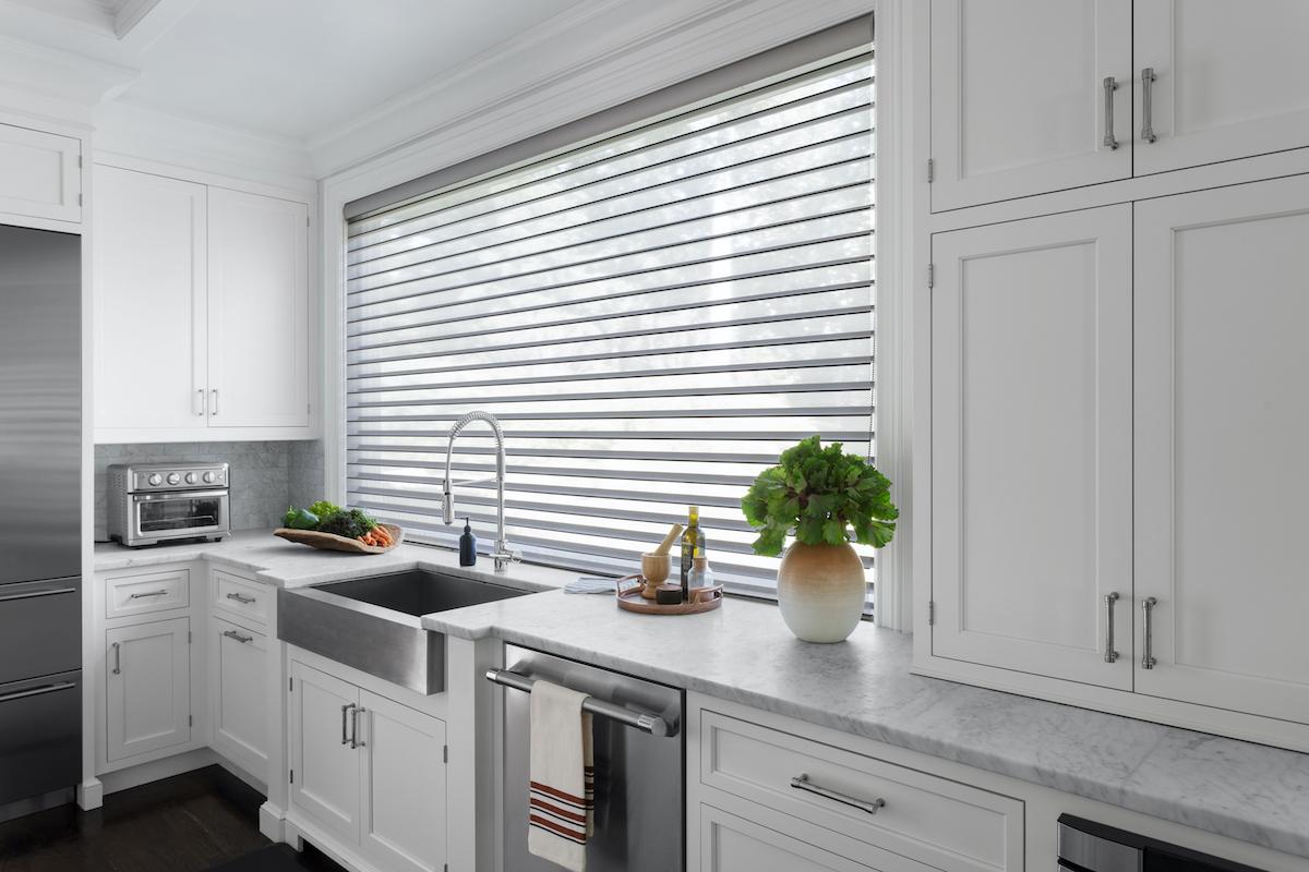 A large kitchen window covered with Serenity sheer window shades A large kitchen window covered with Serenity sheer window shades